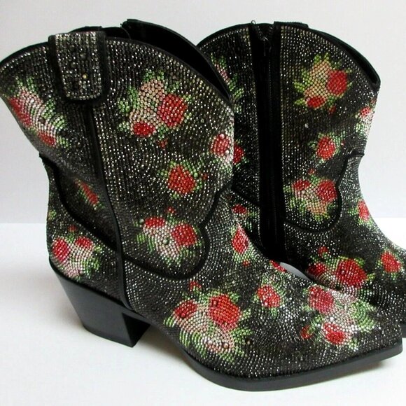 Wild Pair Lacey Floral Bling Booties Black 6M Rhinestone Stacked Heel MSRP $119 - Picture 1 of 6